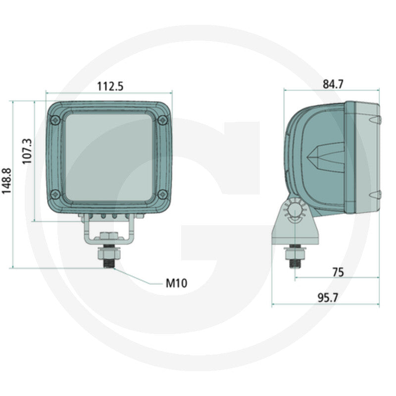 GRANIT 35W LED work light, beam and rear view