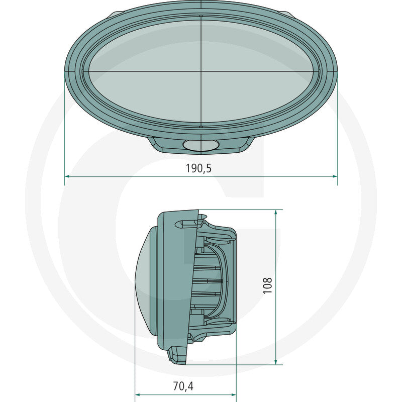 John Deere-fit 30W oval LED work light, technical diagram