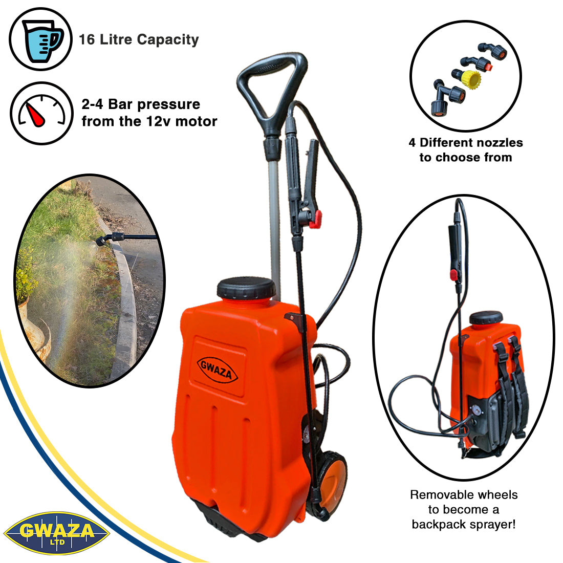 GWAZA Rechargeable Battery Sprayer with Lance, Handle and Wheels - 16 L