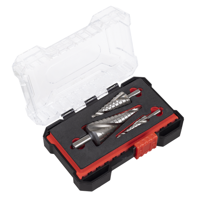 Sealey Spiral Flute HSS 4341 Step Drill Bit Set 3pc
