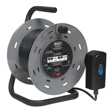 25m Cable Reel with Thermal Trip & RCD Plug 4 x 230V
