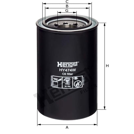 Hengst HY474W Hydraulic Oil Filter dimensional drawing