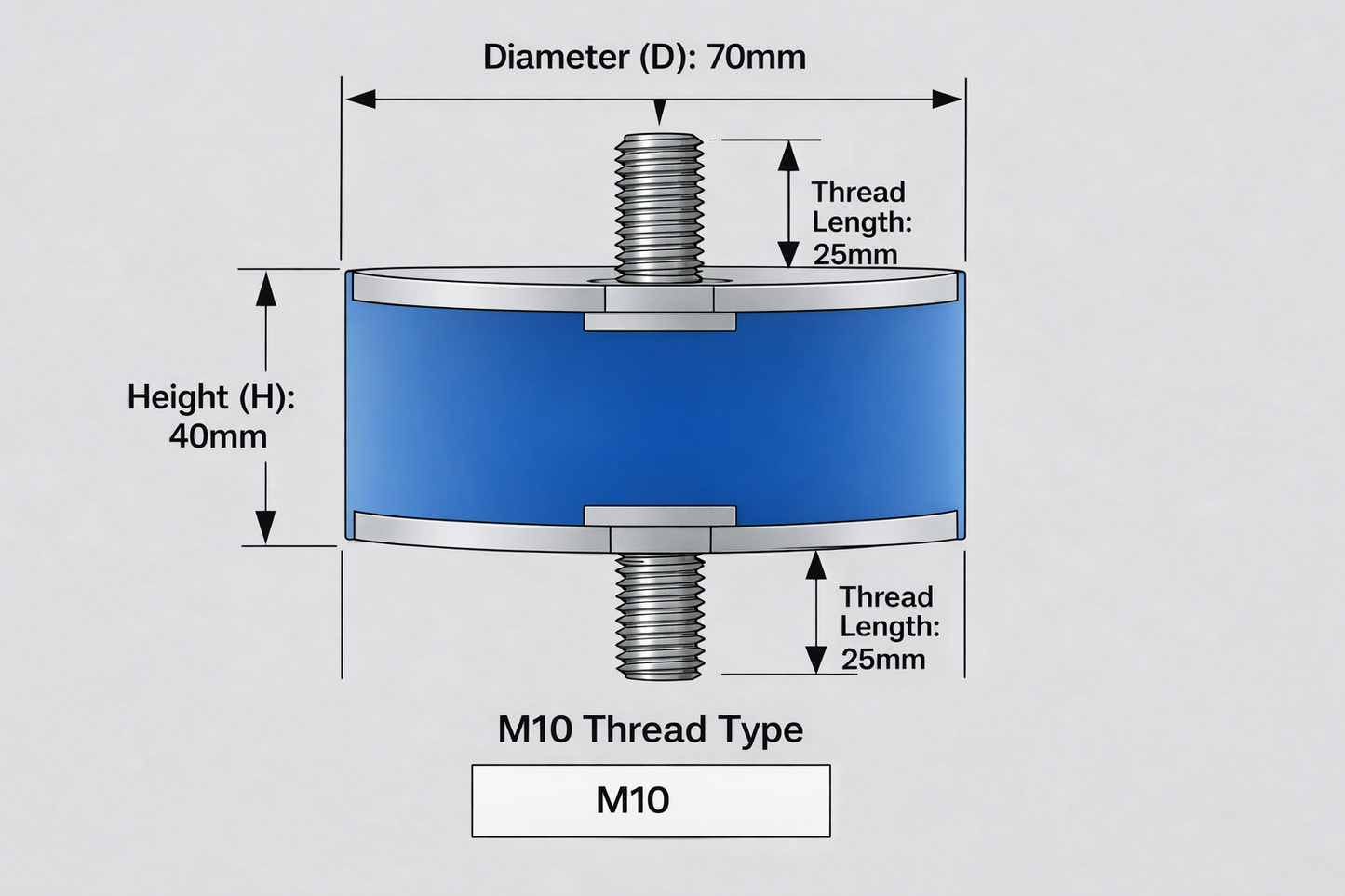Male to Male Rubber Engine Mount M10 70mm x 40mm x 25mm Thread