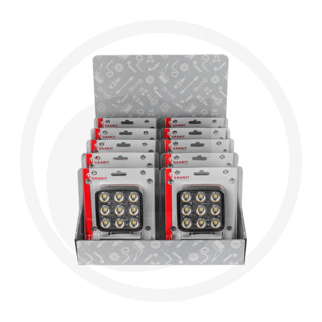 Display of ten 54W NIGHTSHIFT square LED work lights
