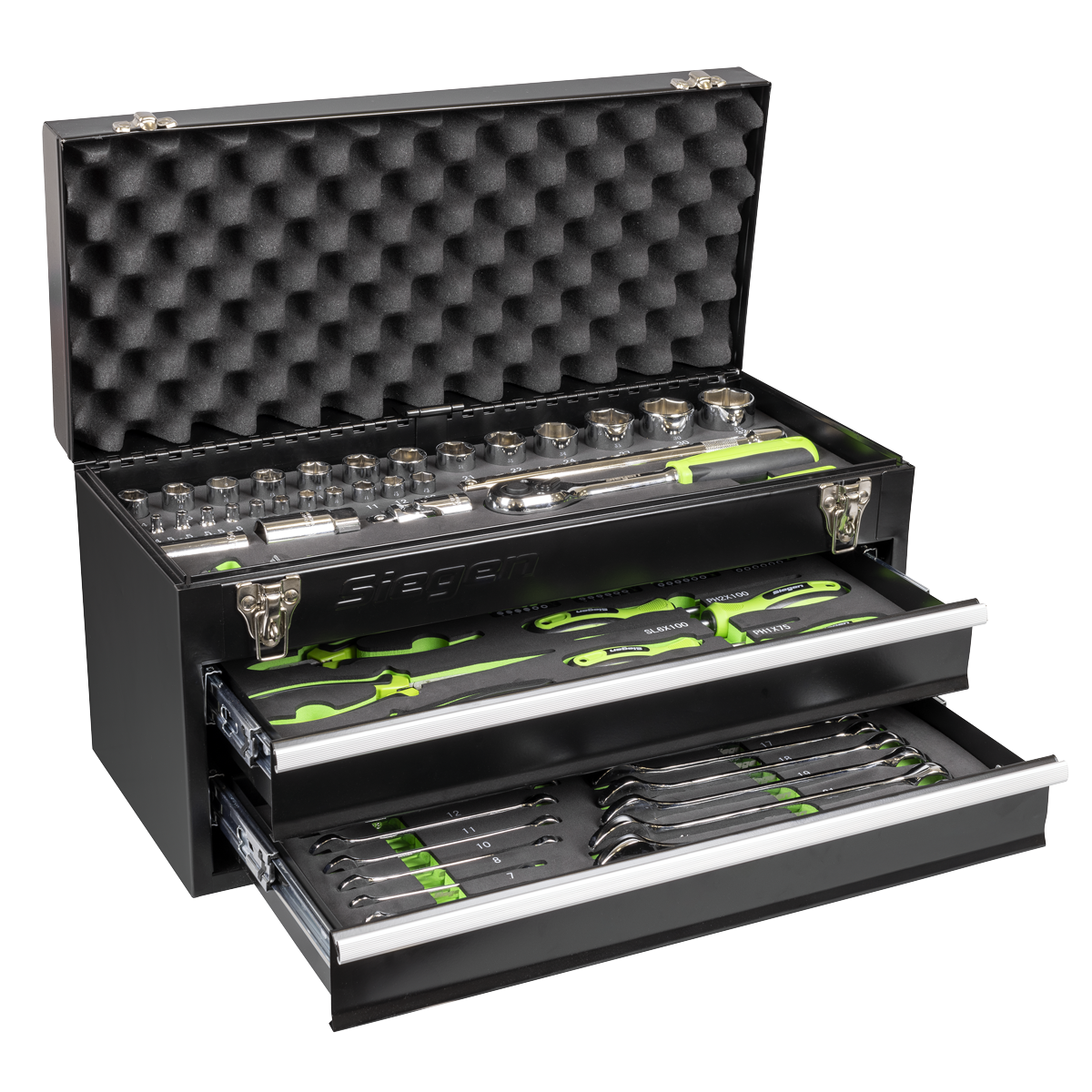Siegen portable two-drawer tool chest with 90-piece tool kit open