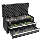 Siegen portable two-drawer tool chest with 90-piece tool kit open