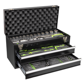 Siegen portable two-drawer tool chest with 90-piece tool kit open