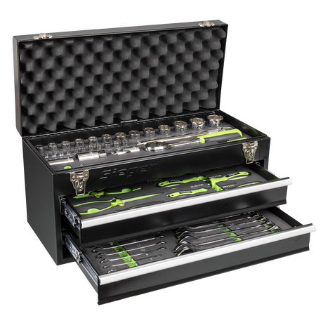 Siegen portable two-drawer tool chest with 90-piece tool kit open