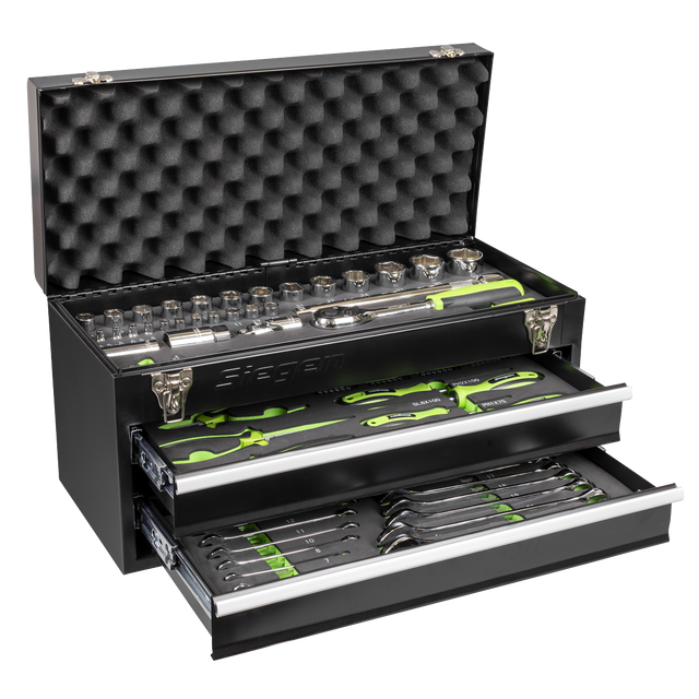 Siegen portable two-drawer tool chest with 90-piece tool kit open
